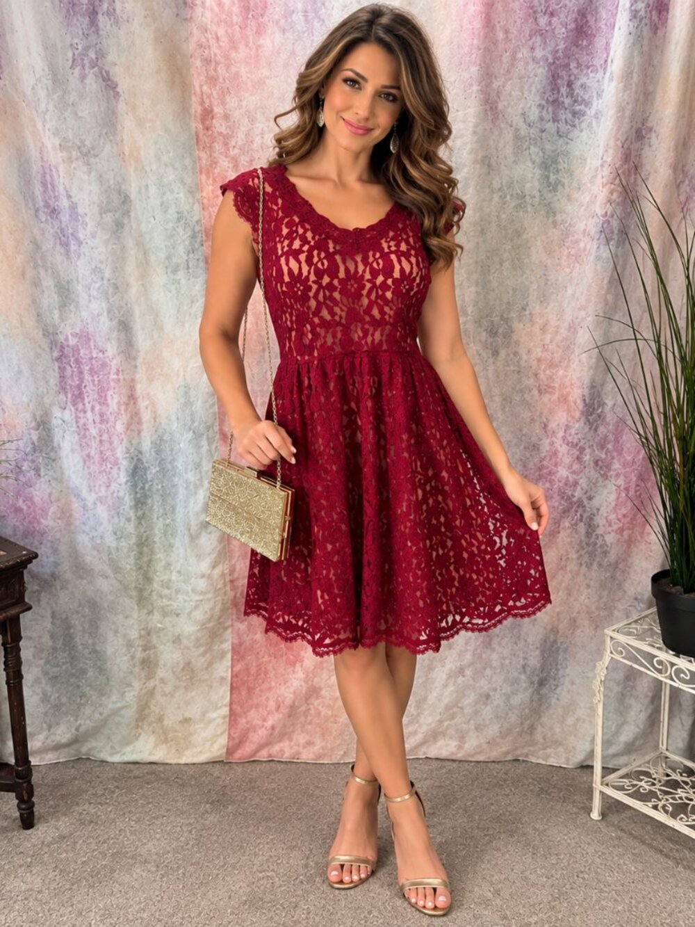 New 📌Soieblu Lace Cotton Blend Mini Cocktail Dress with Gold Underdress